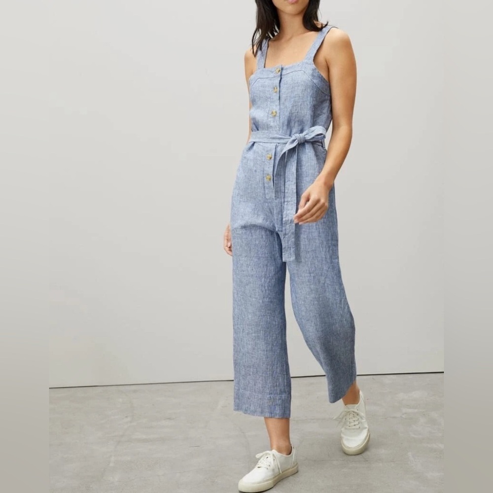 EVERLANE Blue White Striped‎ Sleeveless 100% Linen Jumpsuit Women’s Size 4
